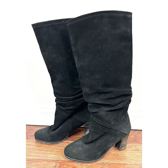 Free People Tennison Boots Size 37 Tall Black Suede Leather Pull On Heels Slouch - Picture 3 of 15